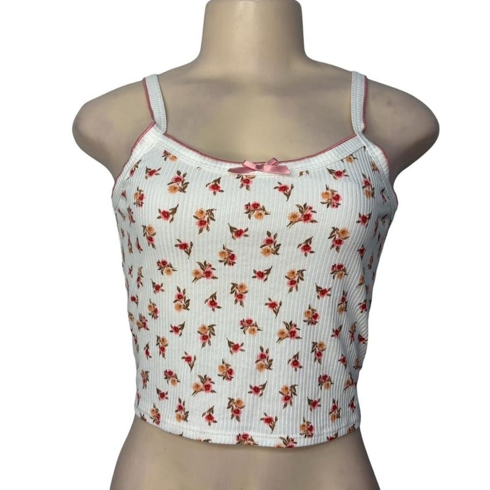 Floral Ribbed Tank Top with Pink Trim - Women Tops